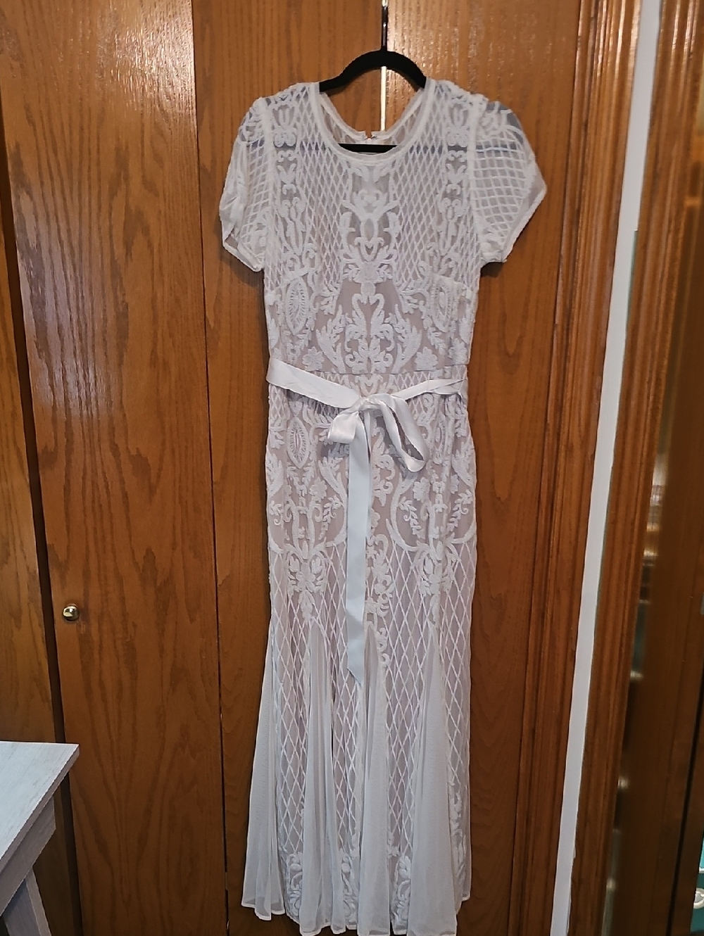 R&M Richards White Lace Maxi Dress with Satin Waist Tie